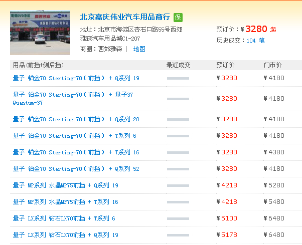 北京嘉庆伟业汽车用品商行量子膜价格表